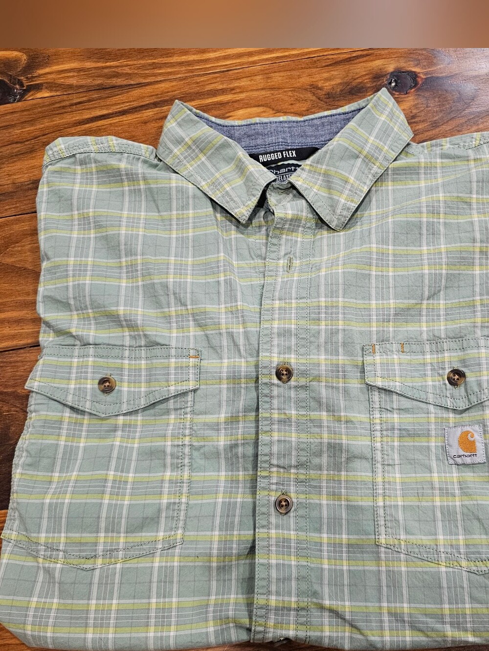 Carhartt Rugged Flex 2XL Mi T Green Plaid Mens Button Down Short Sleeve Shirt